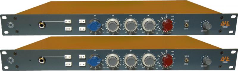 Two orange and gray rackmount audio units with multiple knobs, switches, and input/output jacks labeled BAE 1066D.