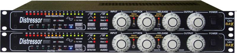 Front view of a stereo pair of Empirical Labs Distressor EL8-X compressor units with knobs and buttons.