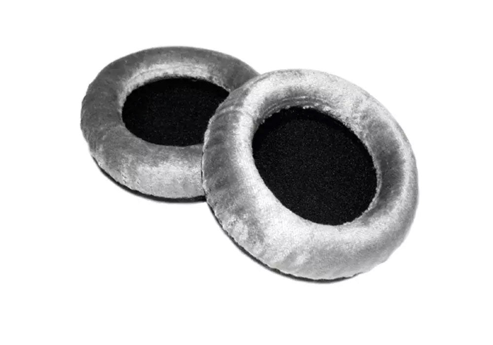 Pair of gray fabric and foam ear pads with black inner mesh for headphones.