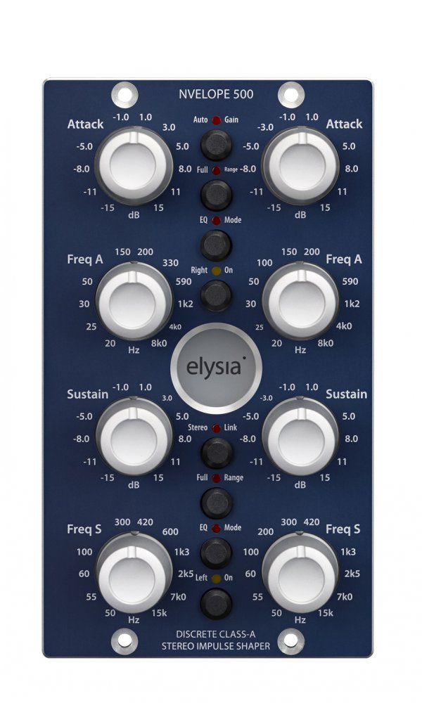 Blue front panel audio device with multiple rotary knobs and push buttons labeled NVELOPE 500 by elysia.