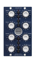 Blue front panel audio device with multiple rotary knobs and push buttons labeled NVELOPE 500 by elysia.