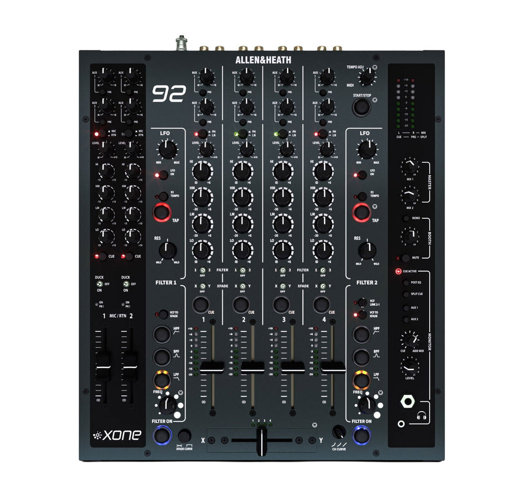 Top view of a black Allen & Heath 92 mixer with multiple faders, knobs, buttons, and a headphone jack.