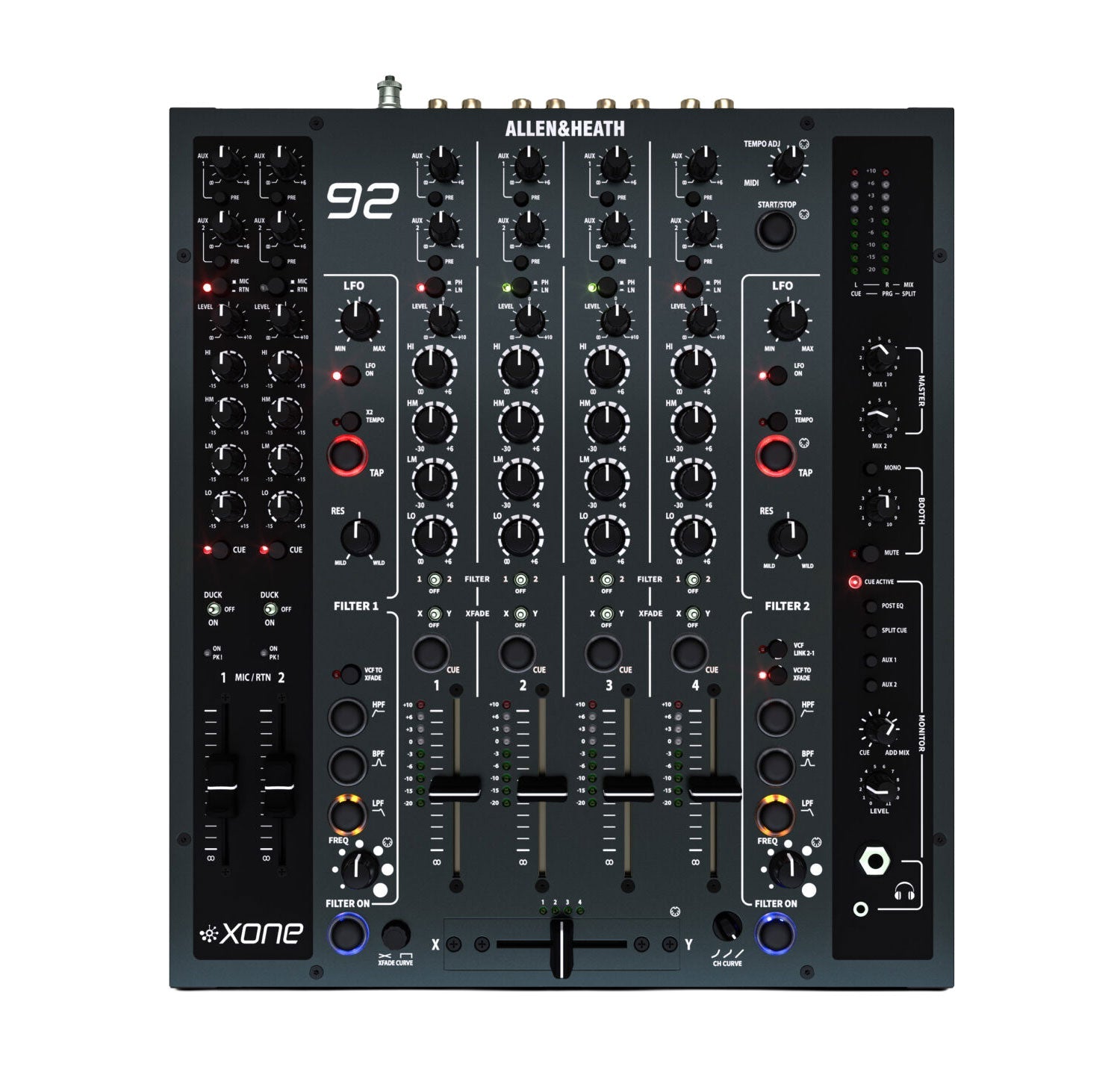 Top view of a black Allen & Heath 92 mixer with multiple faders, knobs, buttons, and a headphone jack.