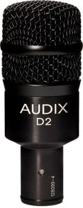 Black metal microphone with mesh grille and white text 'AUDIX D2' on the body.