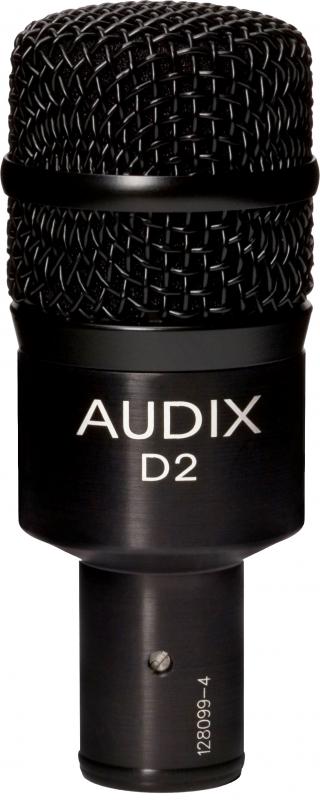 Black metal microphone with mesh grille and white text 'AUDIX D2' on the body.