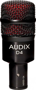 Close-up front view of a black Audix D4 microphone with red mesh inside the grille.
