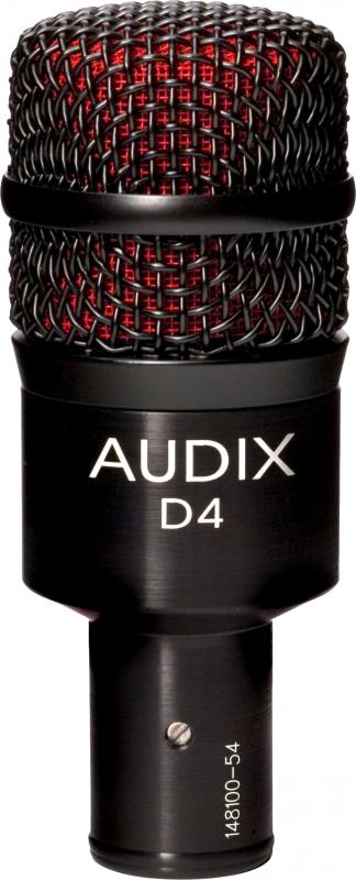 Close-up front view of a black Audix D4 microphone with red mesh inside the grille.