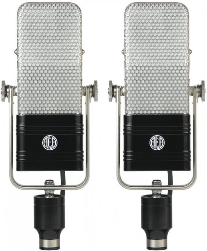 Front view of a pair of black and silver microphones with metal mesh grilles and adjustment screws.