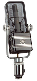 Black and silver vintage-style microphone with AEA logo and XLR connector at bottom
