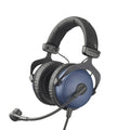 Black and blue wired headphones with padded headband and attached flexible microphone.