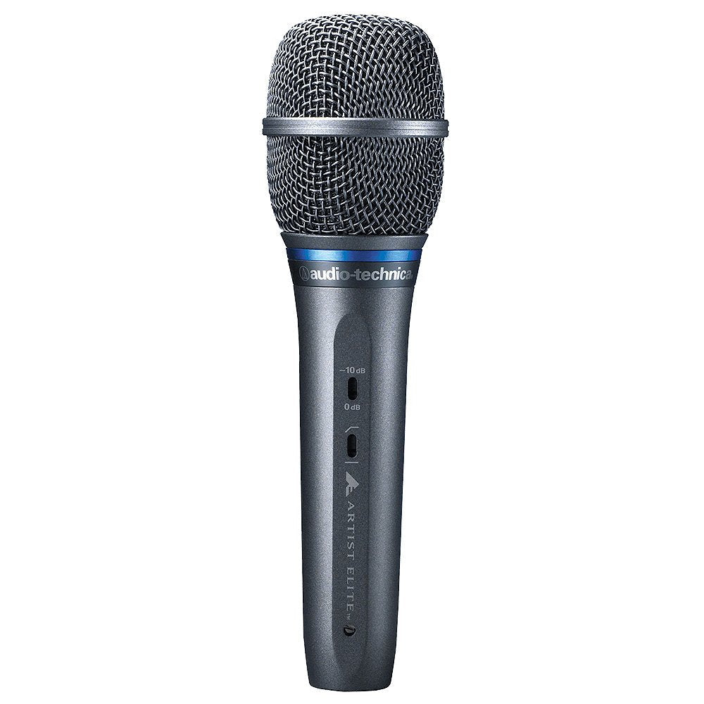 Handheld microphone with metal mesh grille and audio-technica branding on the handle.