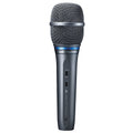 Handheld microphone with metal mesh grille and audio-technica branding on the handle.