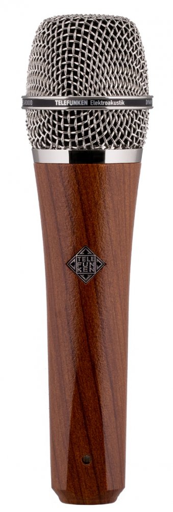 Handheld microphone with a wooden body and silver metal mesh grille from Telefunken.