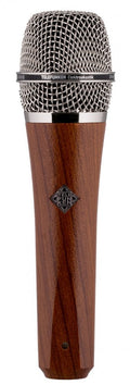 Handheld microphone with a wooden body and silver metal mesh grille from Telefunken.