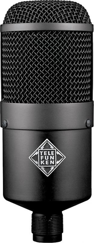 Black Telefunken microphone with metal mesh grille and threaded mount at bottom