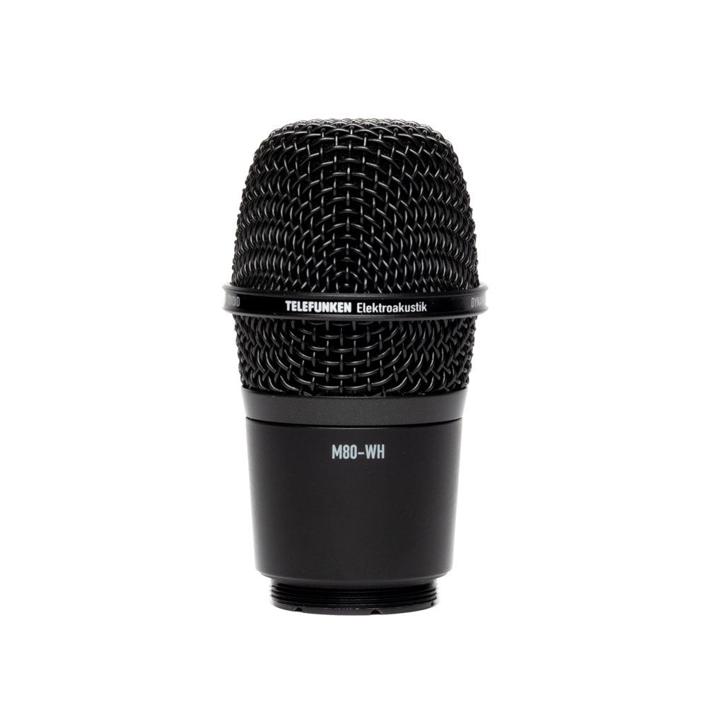 Black microphone head with metal mesh grille labeled TELEFUNKEN Elektroakustik M80-WH