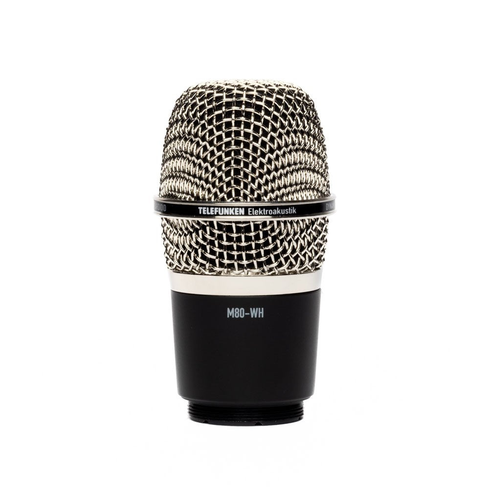 Front view of a Telefunken M80-WH microphone capsule with metallic mesh grille and black base.
