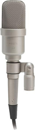 Silver studio microphone with metal mesh grille and attached cable shown from front view