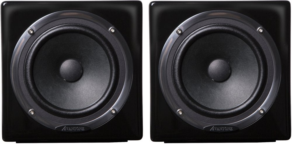 Pair of black passive studio monitor speakers with visible Avantone branding on the front.