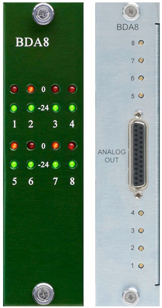 Front and rear views of a green and silver audio converter module with LED indicators and a multi-pin analog output connector.