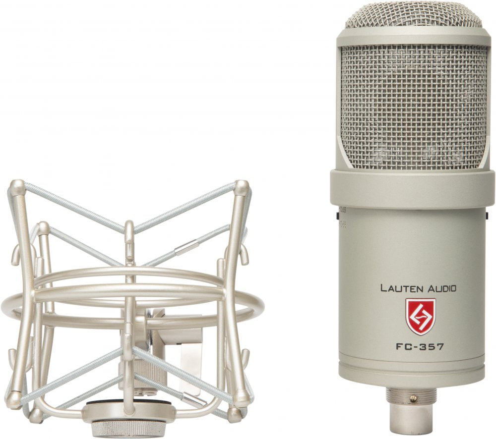 Silver condenser microphone with shock mount, showing front and bottom views, labeled Lauten Audio FC-357.