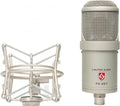 Silver condenser microphone with shock mount, showing front and bottom views, labeled Lauten Audio FC-357.