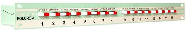Metal mixer panel with sixteen red and white slider controls labeled 1 to 16 for left and right channels.