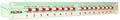 Metal mixer panel with sixteen red and white slider controls labeled 1 to 16 for left and right channels.