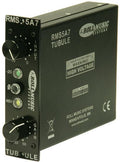 Black rectangular audio preamp device with input and gain knobs, indicators, and high voltage warning label.