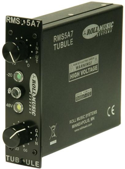 Black rectangular audio preamp device with input and gain knobs, indicators, and high voltage warning label.