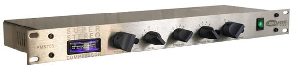 Silver front panel stereo compressor with five black rotary knobs and a green power button.