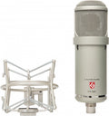 Silver studio microphone marked FC-387 with shock mount on a white background.