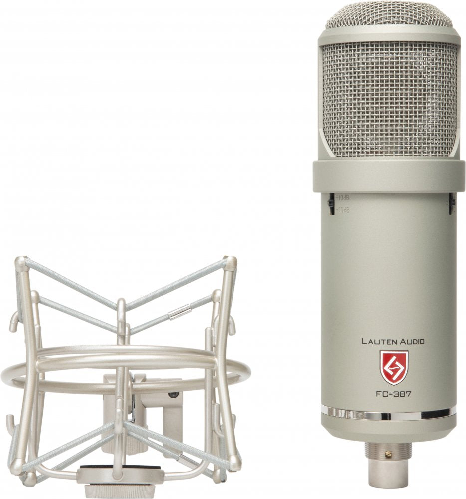 Silver studio microphone marked FC-387 with shock mount on a white background.