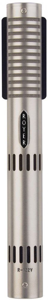 Silver cylindrical microphone with grille patterns and ROYER branding on body, model R-122V visible.