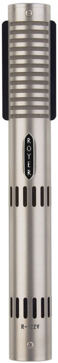 Silver cylindrical microphone with grille patterns and ROYER branding on body, model R-122V visible.