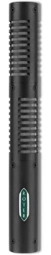 Black cylindrical microphone with horizontal slits and a green ROYER logo badge.