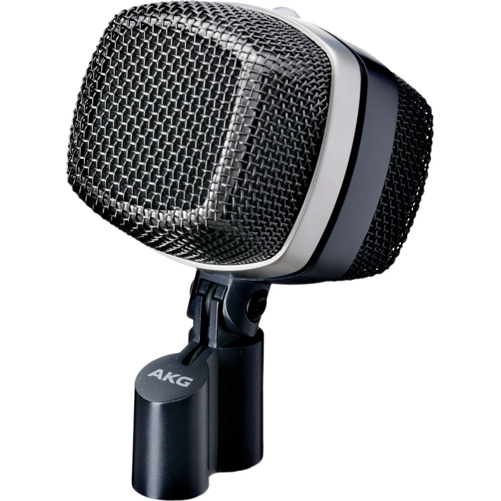 Black and silver metal microphone with mesh grill on mounted swivel stand marked with AKG logo.