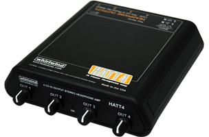 Black headphone amplifier with four rotary knobs and four 3.5mm headphone output jacks on the front panel.