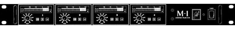 Black rackmount stereo preamplifier with four knob controls and buttons above each knob shown from front.