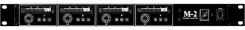 Front panel of a black rackmount device labeled M-2 3-channel headamp with control knobs and switches.