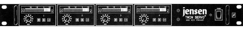 Black Jensen Twin Servo 990 microphone preamp rack unit with three control knobs and switches.