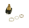 Metal and plastic rotary potentiometer with three metal terminals and metal washers and nut on white background.