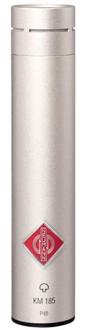 Silver cylindrical microphone with a Neumann logo and model number KM 185 printed on it.
