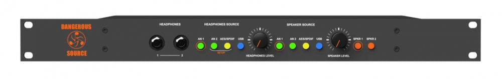 Front panel of a black rackmount audio device with headphone jacks, source selection buttons, and volume knobs.