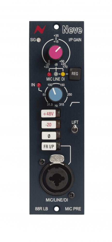 Front panel of a Neve 88R LB microphone preamp featuring gain knobs, buttons, a toggle switch, and a combo XLR/TRS input.