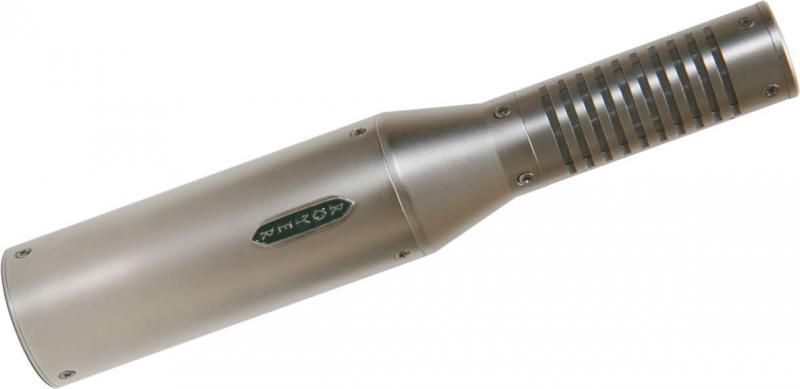 Silver cylindrical microphone with vented top section and ROYER logo on the side.