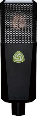 Front view of a black LEWITT microphone with a silver metal mesh grille and green logo on the body.