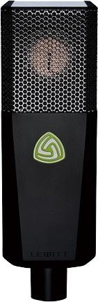 Front view of a black LEWITT microphone with a silver metal mesh grille and green logo on the body.