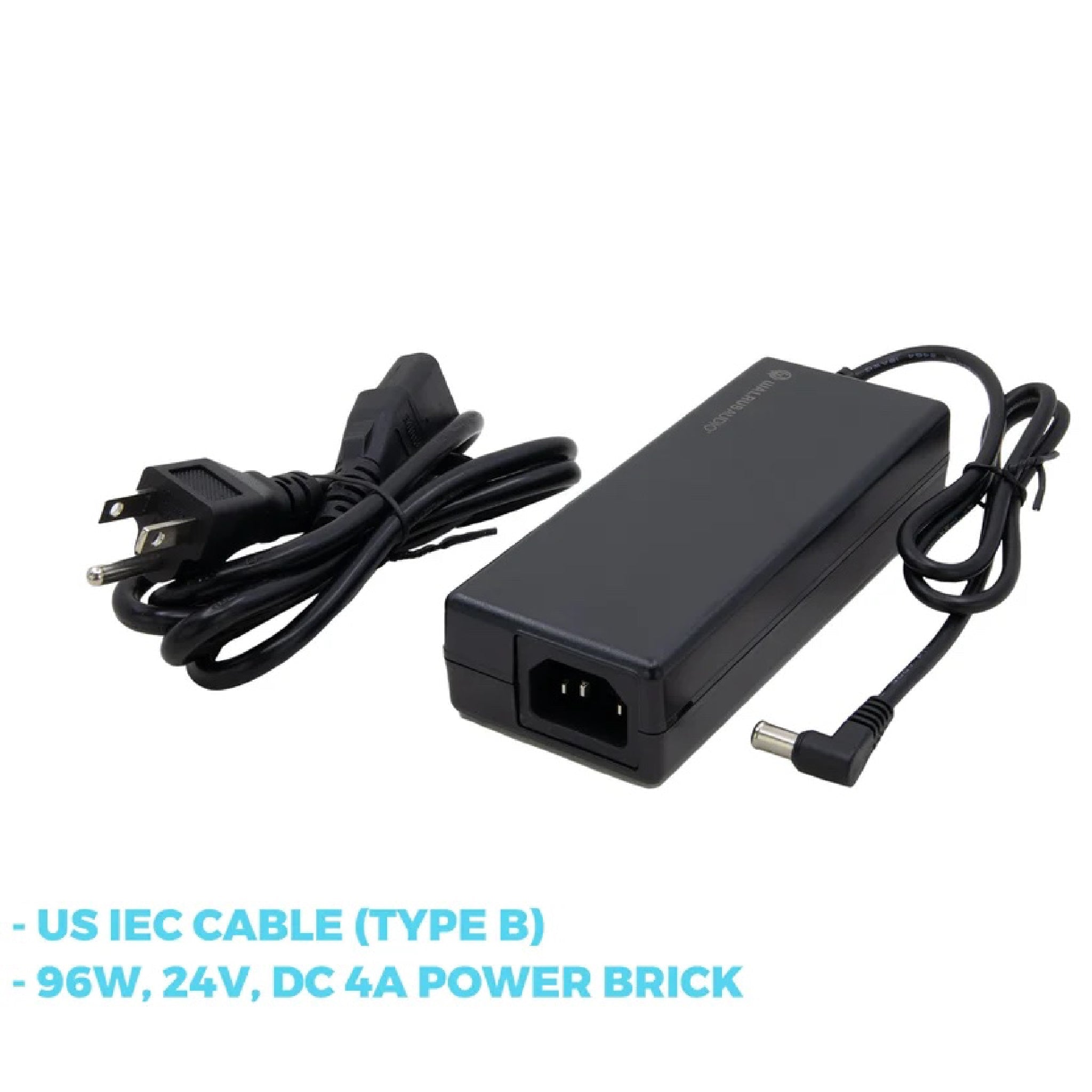 Black rectangular power brick with attached DC cable and separate US IEC power cable shown on white background