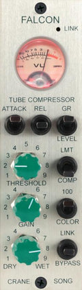 Close-up of a Falcon tube compressor audio processor front panel with knobs, switches, and a VU meter.